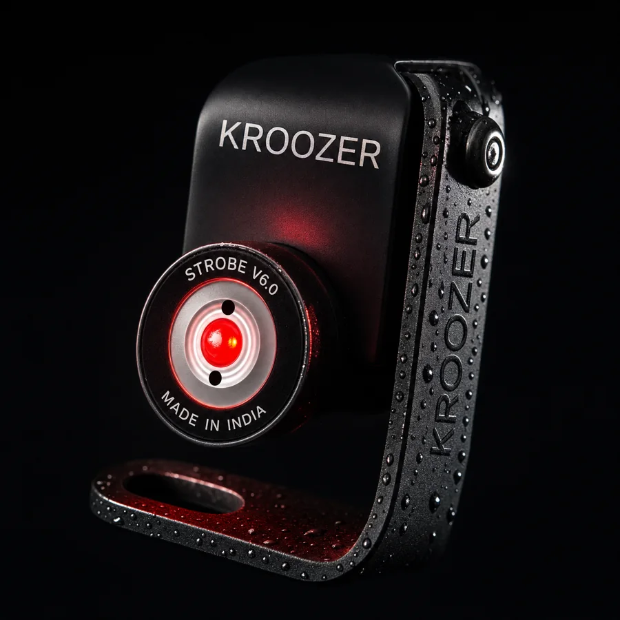 Close-up of a KROOZER Strobe V6.0 pod showing the silver reflector ring and red LED